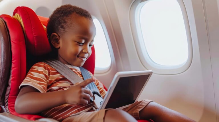 A Kenyan mother holding her baby while preparing for a road trip with a car seat and baby bag.